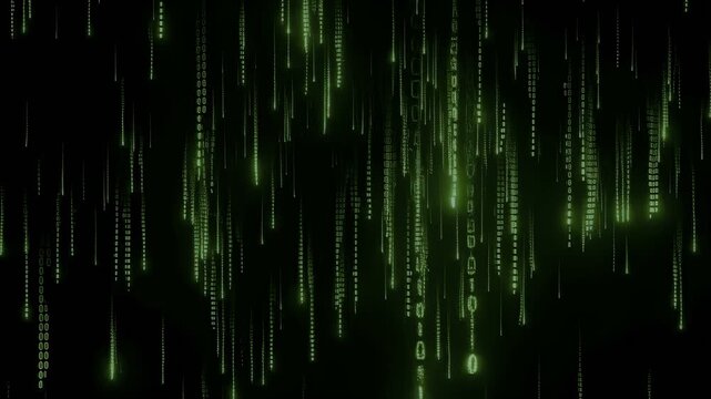 Abstract green digital rain animation with cascading binary code. Represents data flow, technology, and digital transformation in modern computing