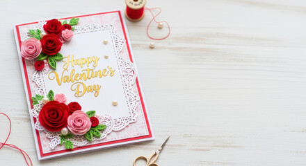 Happy Valentine's Day handmade greeting card with lace, delicate paper cut flowers and decorative patterns and craft tools on a white wooden table.