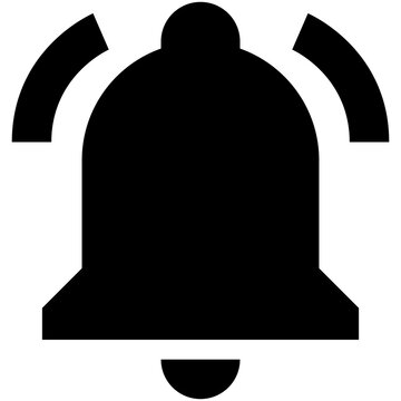 Notification bell solid icon, black bold alert symbol isolated on white