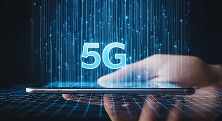 Hand holding smartphone with 5G technology glowing.