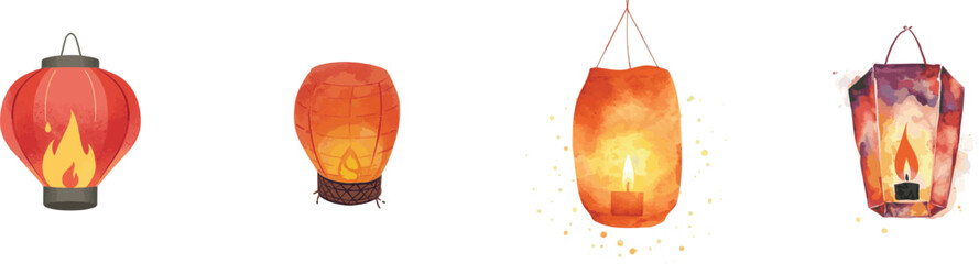 Watercolor set floating paper lantern with fire flame for water-based remembrance. Isolated on white background