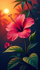 Bold hibiscus, geometric palm leaves, sunset gradient, pattern, hawaiian shirt