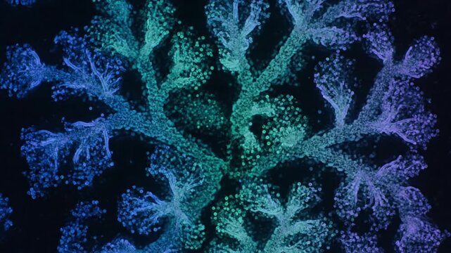 Abstract fractal patterns in vibrant blue and teal hues, reminiscent of cellular structures or ice crystals, set against a dark background