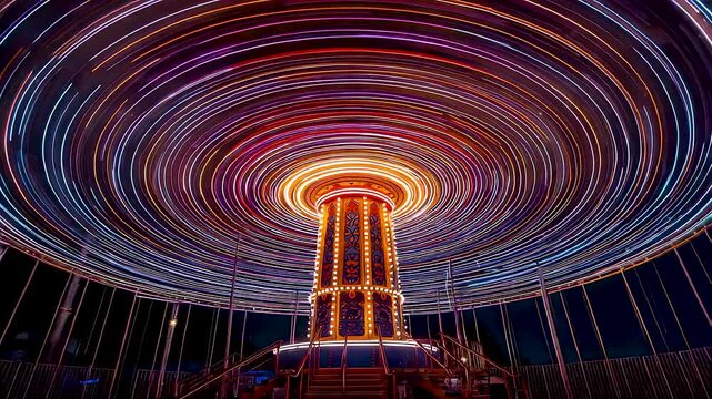 Spinning amusement ride illuminated with colorful circular light trails at night creating dynamic motion energy and vibrant fairground atmosphere