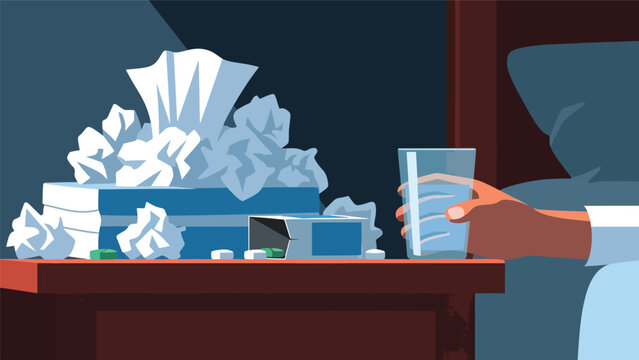 Sick person reaching for glass of water and tissues on bedside table, feeling unwell at night