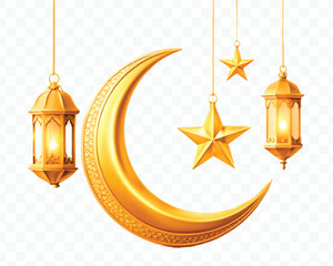 abstract 3d golden color crescent moon, lantern and star hanging in different gold color style isolated on transparent background © MDShafaat