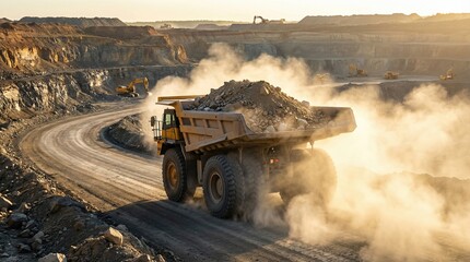 Large mining dump truck transporting ore on a dusty road in an open pit mine site. Heavy equipment working in the mining industry.