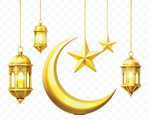 abstract 3d golden color crescent moon, lantern and star hanging in different gold color style isolated on transparent background © MDShafaat