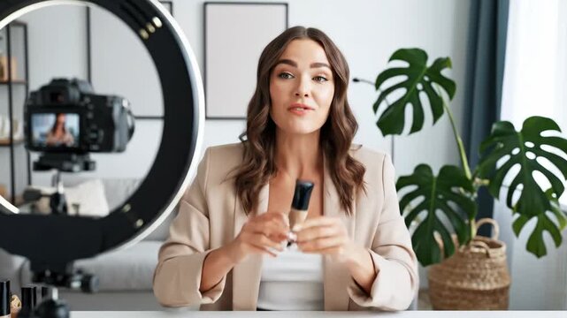 Beauty influencer recording a makeup tutorial. Young woman reviewing foundation for social media. Content creator filming with ring light and camera in a home studio. Vlogging concept