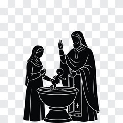 Orthodox Baptism Silhouette with Priest Blessing Child at Font Reverent Composition