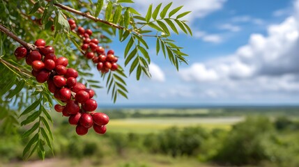 Ripe red berries hanging on green tree branch against blurred rural landscape and blue sky, summer harvest and nature concept