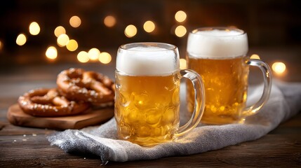 Two glass mugs of cold lager beer with foam on wooden table with pretzels, festive golden bokeh background for pub celebration