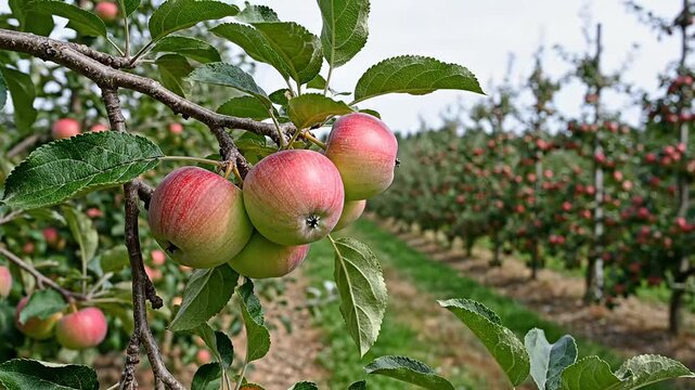 Ripe pink and red striped apples hanging heavily on branches of commercial dwarf trees in a meticulously maintained fruit orchard ready for picking.