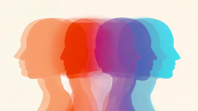 Layered human head silhouettes in warm and cool tones forming abstract portrait composition exploring perception identity cognition and visual harmony
