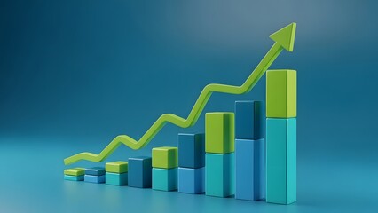 3d green bar chart with rising trend line graph
