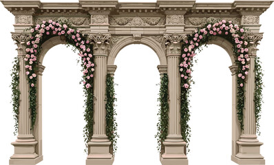 Naklejka premium Classical triple arch pavilion, Corinthian column structure, floral vine decoration, romantic garden illustration, black white vector design