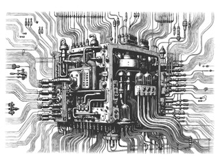 vintage machine resembling a mechanical computer, filled with wires, pipes, and vacuum tubes sketch engraving generative ai vector illustration. Scratch board imitation. Black and white image.