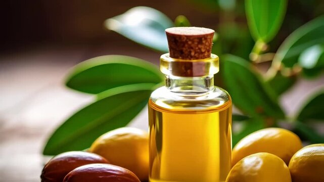 Still life of oil bottle with cork, lemons and brown oval seeds sitting on a wood surface surrounded by green leaves for organic beauty