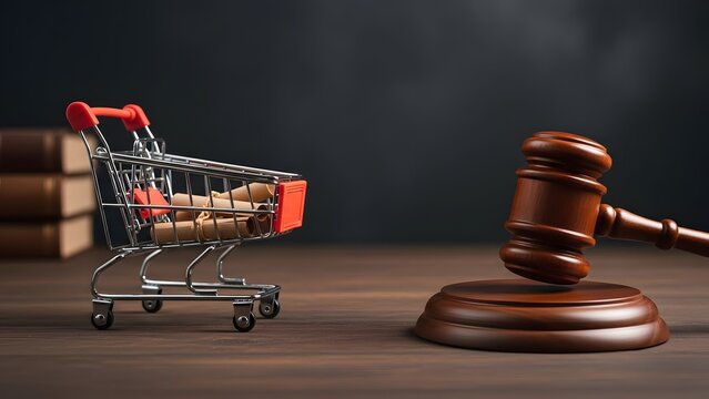 Shopping cart and gavel on wooden desk with law books