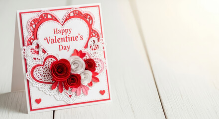 Happy Valentines Day. Handmade Valentine greeting card with red white hearts and ribbon for Valentine&rsquo;s Day celebration on light wooden background with copy space. Gift idea concept.