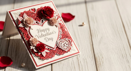 Happy Valentines Day. Handmade Valentine greeting card with red white hearts and ribbon for Valentine&rsquo;s Day celebration on light wooden background with copy space. Gift idea concept.