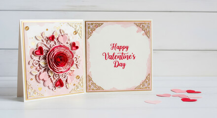 Happy Valentines Day. Handmade Valentine greeting card with red white hearts and ribbon for Valentine&rsquo;s Day celebration on light wooden background with copy space. Gift idea concept.