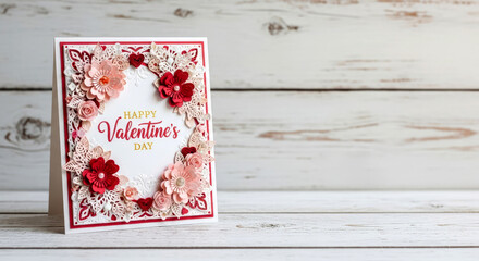 Happy Valentines Day. Handmade Valentine greeting card with red white hearts and ribbon for Valentine&rsquo;s Day celebration on light wooden background with copy space.