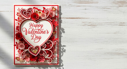 Happy Valentines Day. Handmade Valentine greeting card with red white hearts and ribbon for Valentine&rsquo;s Day celebration on light wooden background with copy space.