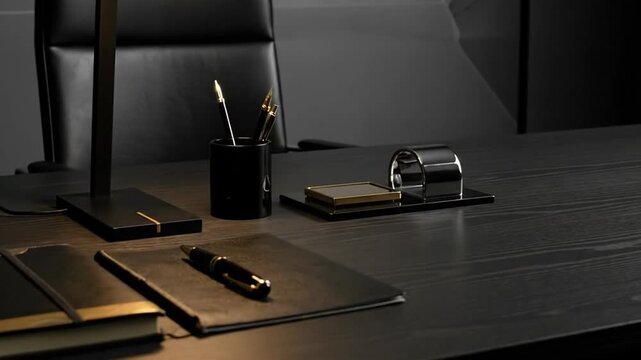 Elegant workspace featuring a dark wooden desk with stylish stationery and a modern lamp.