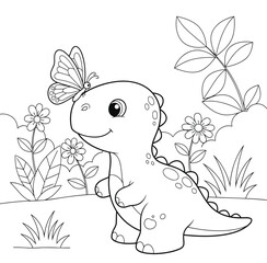 Fototapeta premium Cute Dinosaur with Butterfly on Nose Coloring Page for Kid
