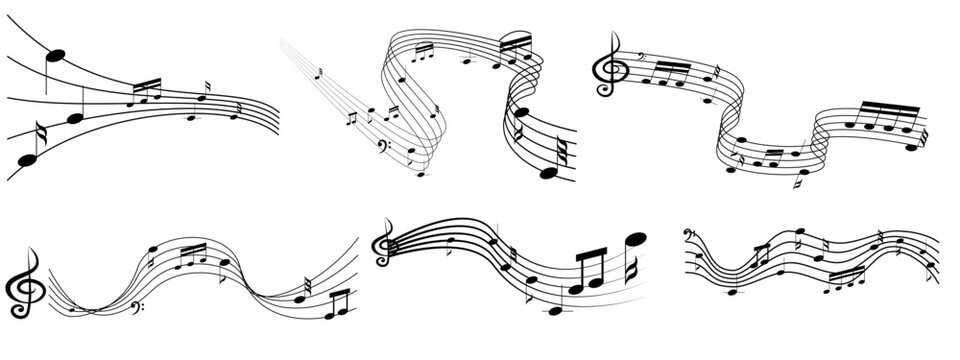 Music notes waves set. Abstract music notes melody, treble clef on stave. Treble staff, G-clef staff design elements on transparent background
