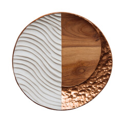 Circular dish; half white wave texture, half wood with textured copper edge