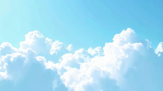 Fluffy white clouds cluster across a pastel blue sky, creating a dreamy, peaceful, and calm aerial view with a watercolor aesthetic