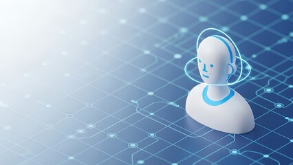 AI Artificial Intelligence Head Icon with Digital Network Lines and Nodes, Data Processing and Communication Technology Background