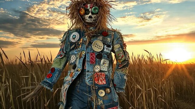 Scarecrow in a field at sunset