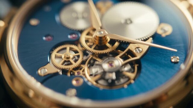 Extreme close up of a luxury mechanical watch movement with gold gears on a blue dial, intricate clockwork and precision engineering for horology and time management