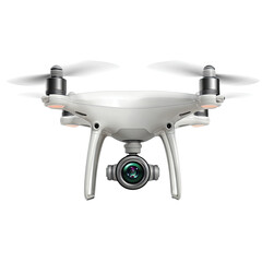 White drone with a camera mounted underneath, hovering in front of a black background