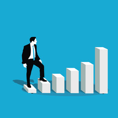 Man in a suit standing on a bar graph step looking ahead symbolizing future planning and business vision on blue