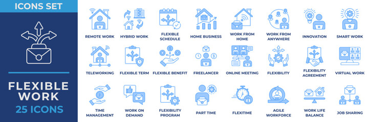 Flexible Work icon collection set. Containing remote, work, innovation, freelance, part time, work from home, telework and business icon. Simple blue vector illustration.