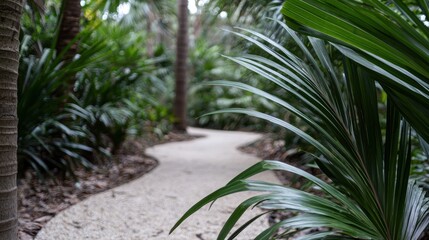 A winding path through a lush tropical garden.