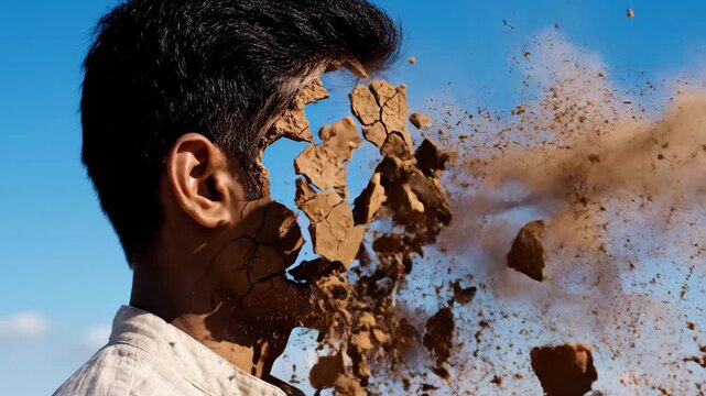 Man with his face cracking and distorting into pieces representing prosopagnosia and memory confusion