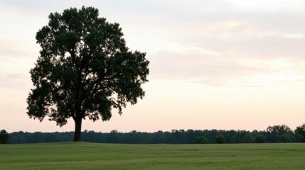 A lone tree stands in a vast field, its silhouette contrasting against the soft light of dawn.