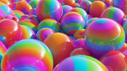 Abstract background of colorful glossy spheres with rainbow stripes. Vibrant 3D rendered balls pattern. Geometric wallpaper