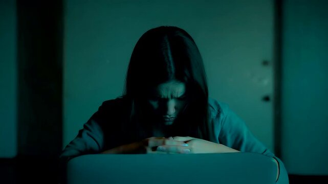 Focused woman working on laptop in dark room illuminated by blue screen light creating intense mood of solitude and digital concentration