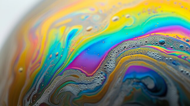 Abstract colorful soap bubble background. Macro shot of iridescent liquid texture with swirls and foam. Psychedelic rainbow pattern - Powered by Adobe