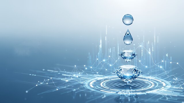 Water Drop Transforming into Diamonds on Digital Ripple Effect, Concept of Value Creation, Purity and Resource Transformation