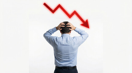 Rear view of stressed businessman with a red jagged arrow pointing down, symbolizing financial loss and crisis