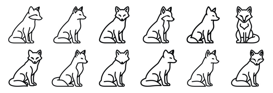 Collection of  arctic fox sit  line art icons on white background. Set of animal linear symbols. Vector illustration.