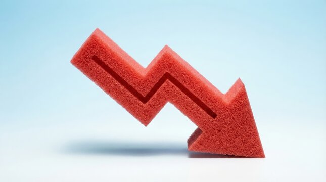 Red arrow sponge shape pointing down for financial decline and business recession concept