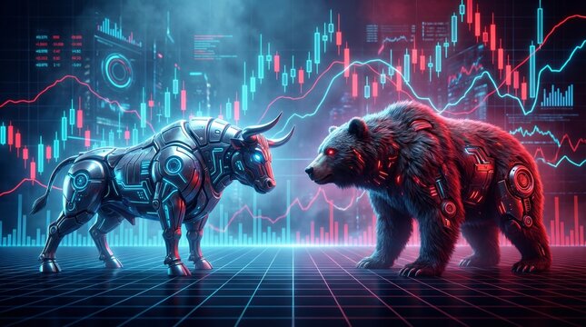 Futuristic robotic bull and bear fighting with neon stock charts background for fintech concept